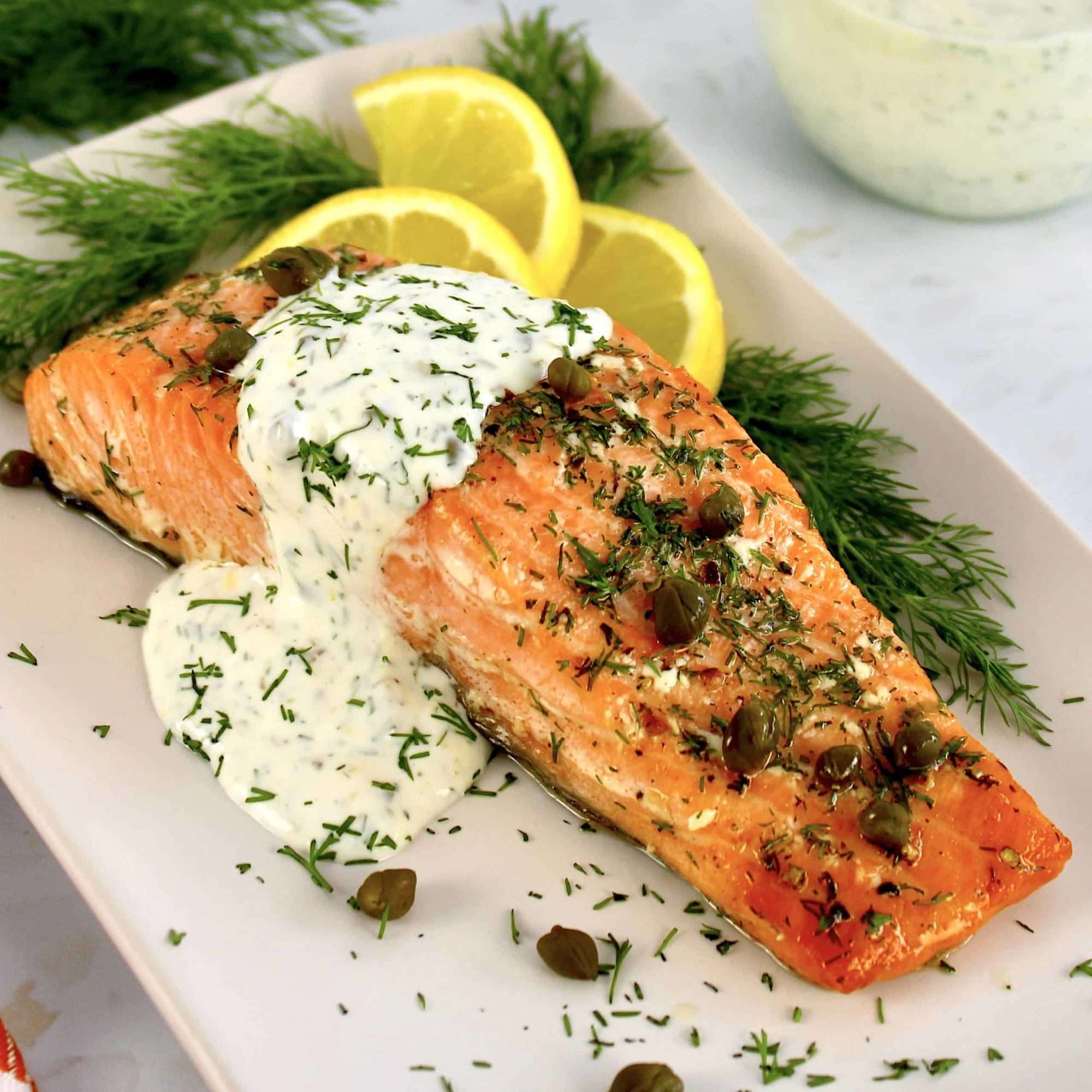 Low FODMAP Grilled Salmon with Lemon Dill Sauce